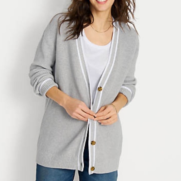 Lands' End Sweaters - LANDSEND Women's Drifter Shaker Boyfriend Cardigan Sweater Gray/White Tipping